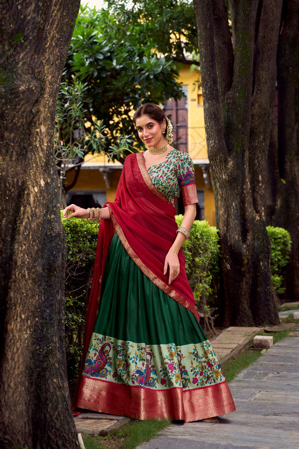 Battle Green Printed Aastha Silk Lehenga Choli Set with Stitched Blouse
