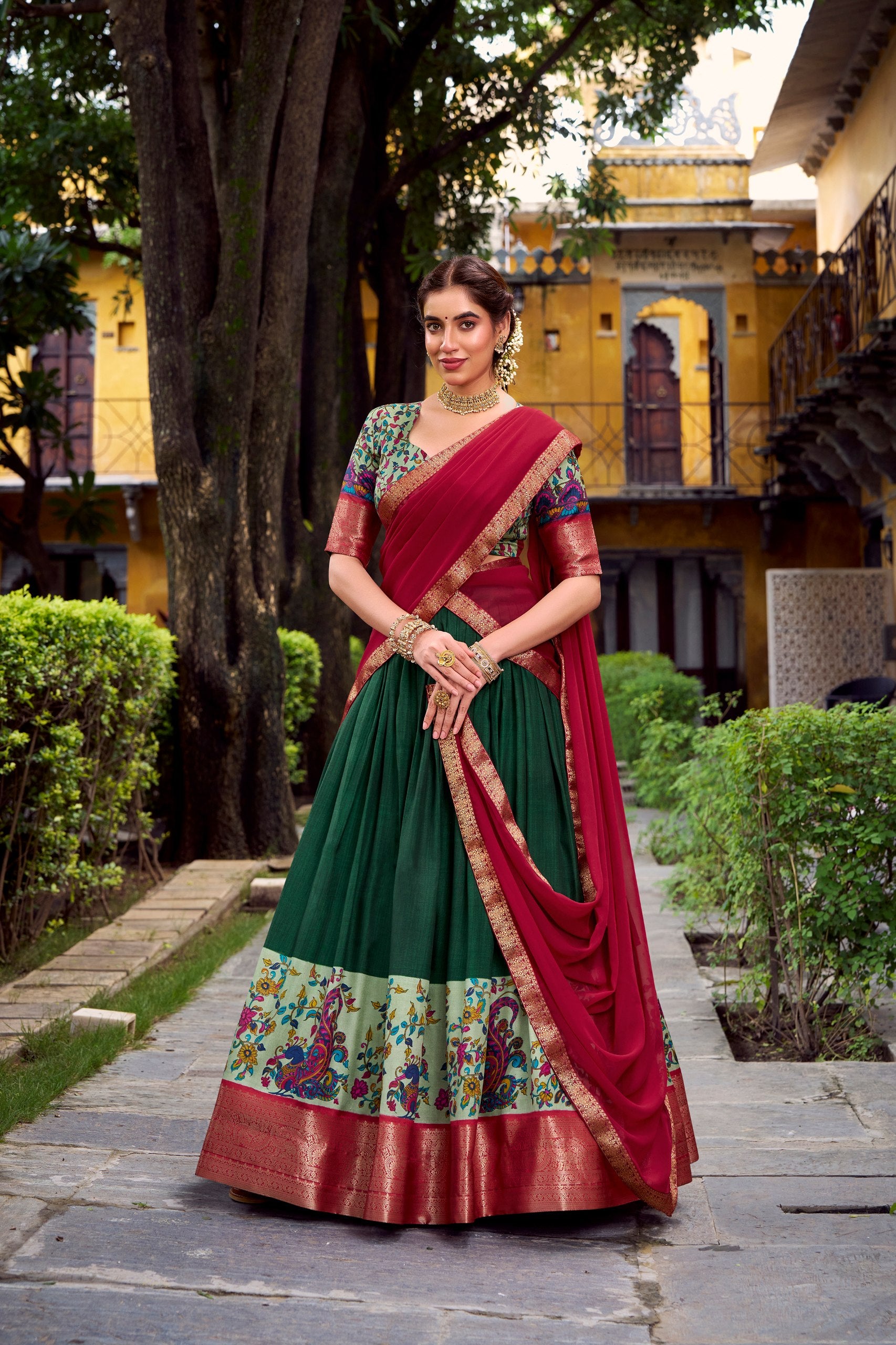 Battle Green Printed Aastha Silk Lehenga Choli Set with Stitched Blouse