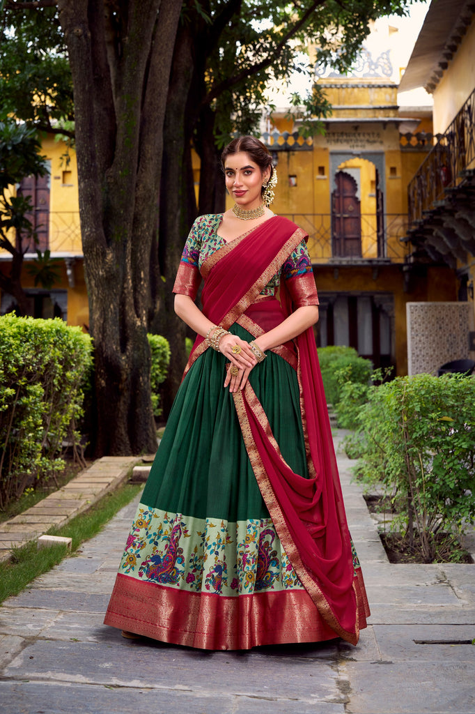 Battle Green Printed Aastha Silk Lehenga Choli Set with Stitched Blouse