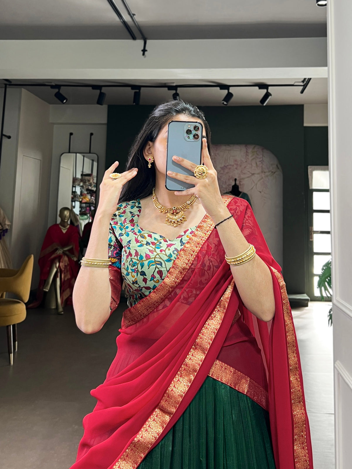 Battle Green  Print Aastha Silk Lehenga Choli Set with Red Dupatta
