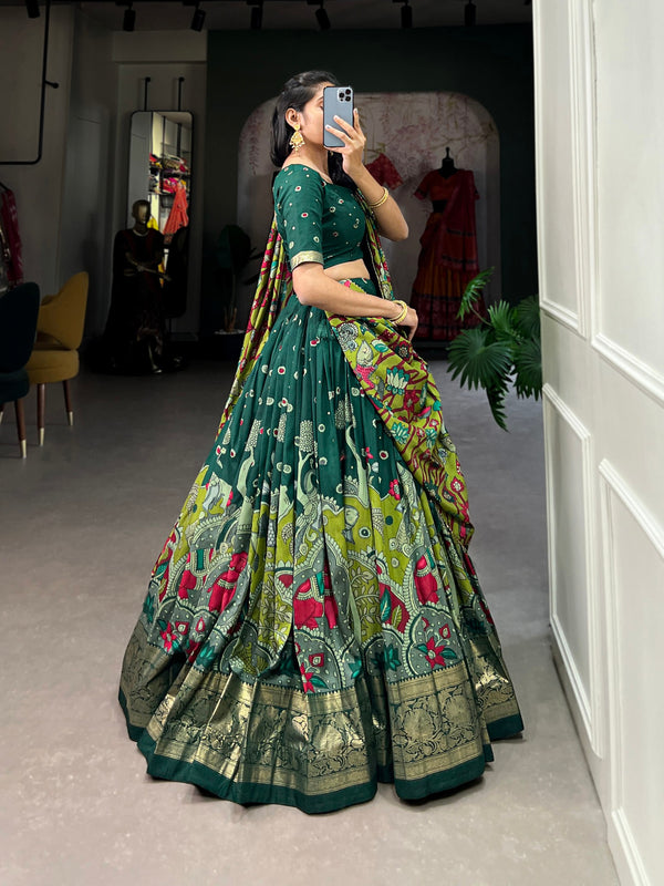 Battle Green Kalamkari Printed Silk Lehenga Choli Set with Tassel Dupatta