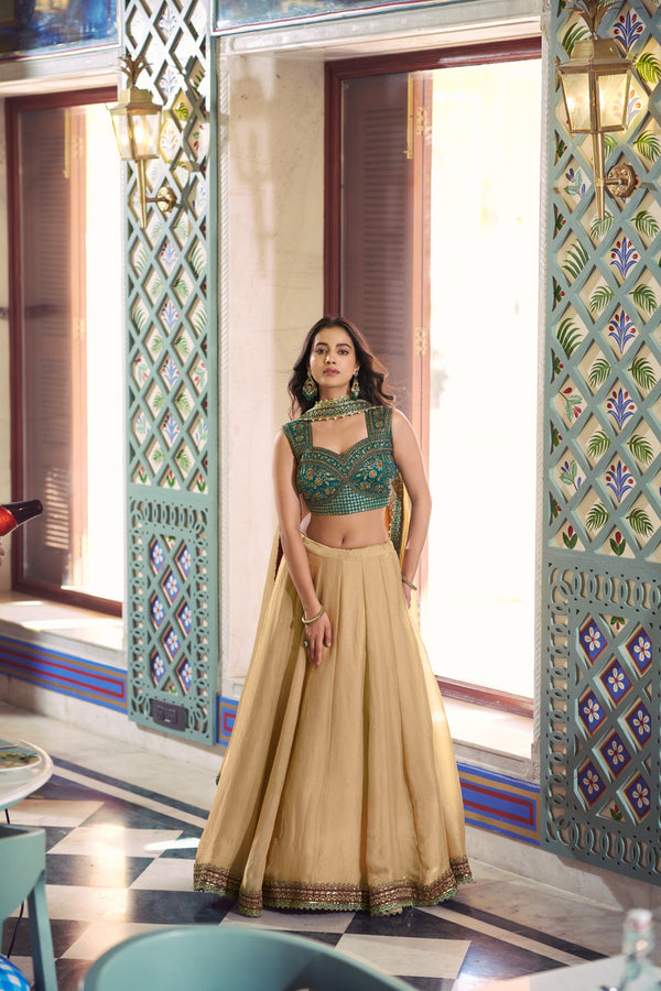 Beige Fendi Lehenga Choli Set with Emerald Embroidered Blouse