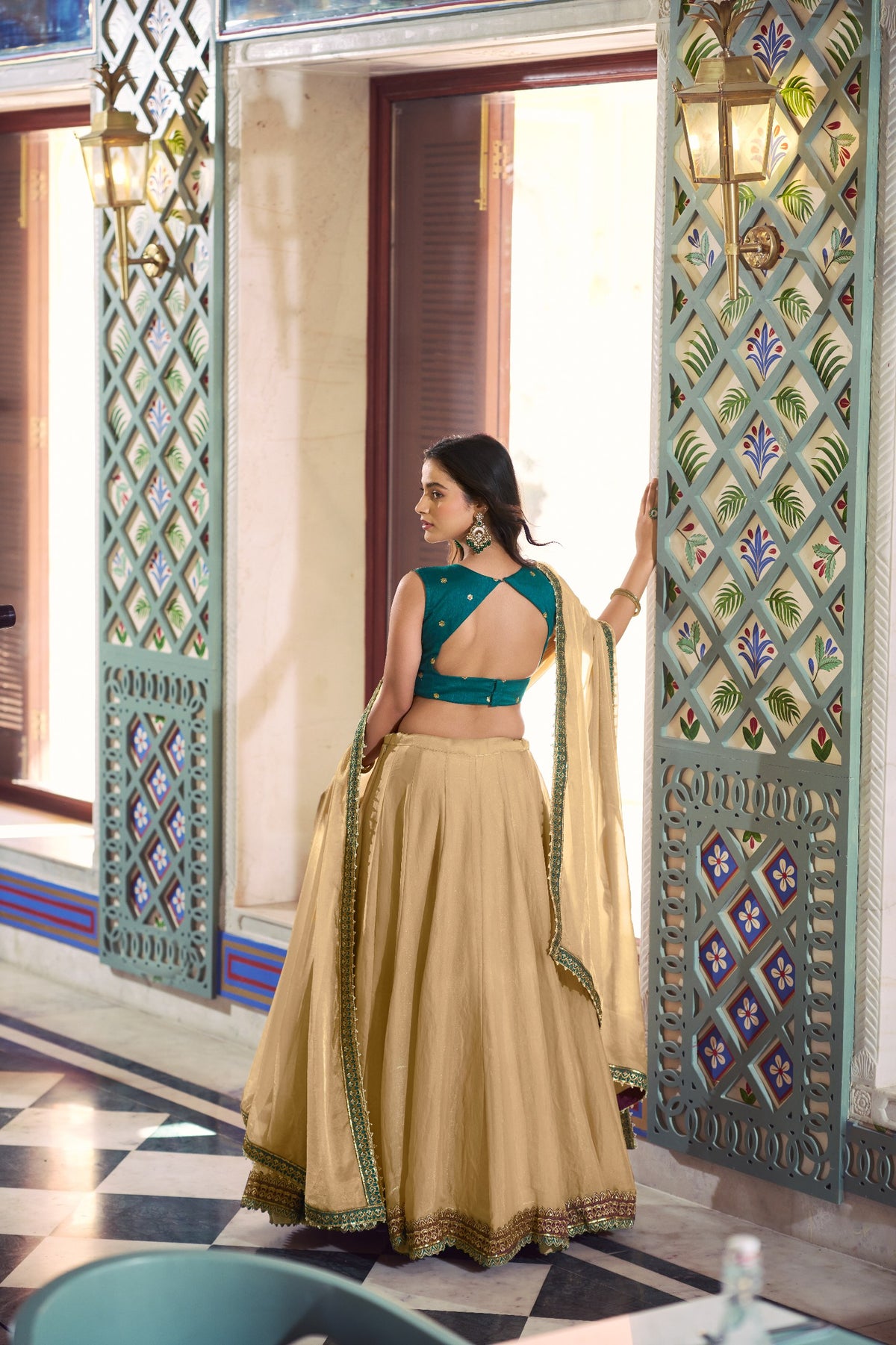 Beige Fendi Lehenga Choli Set with Emerald Embroidered Blouse
