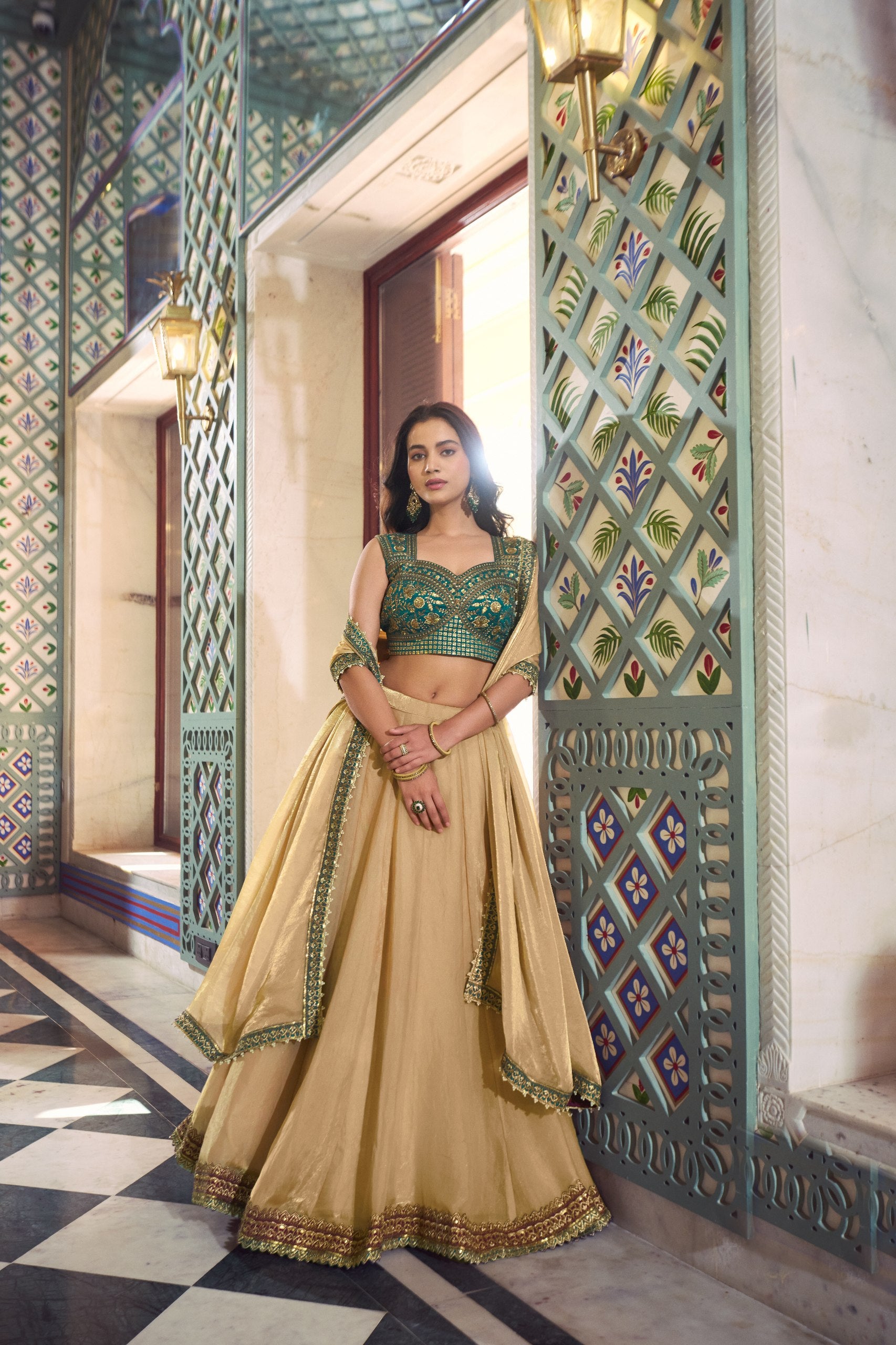 Beige Fendi Lehenga Choli Set with Emerald Embroidered Blouse