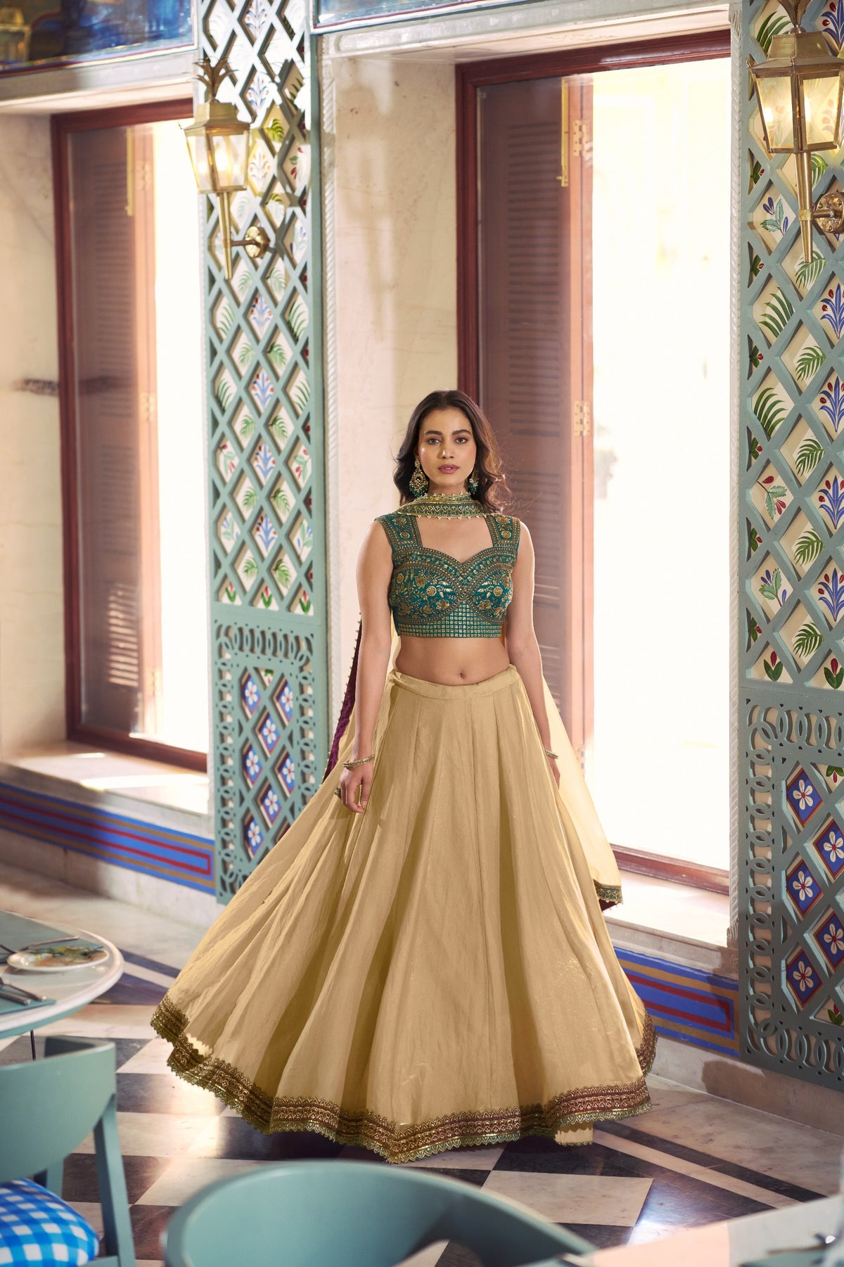 Beige Fendi Lehenga Choli Set with Emerald Embroidered Blouse