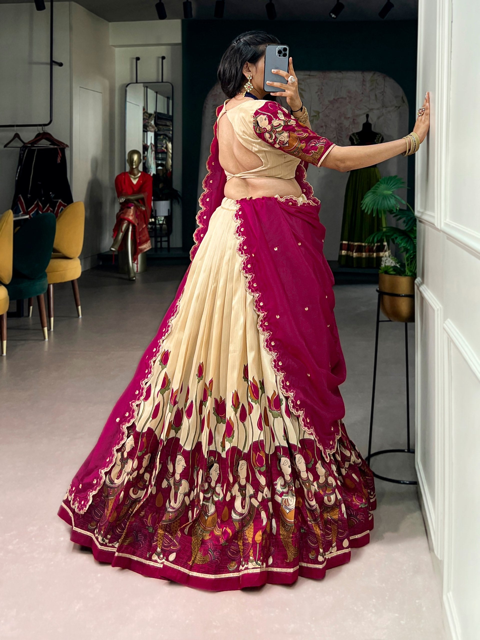 Beige Kalamkari Printed Tasar Silk Lehenga Choli Set with Embroidered Chinon Dupatta