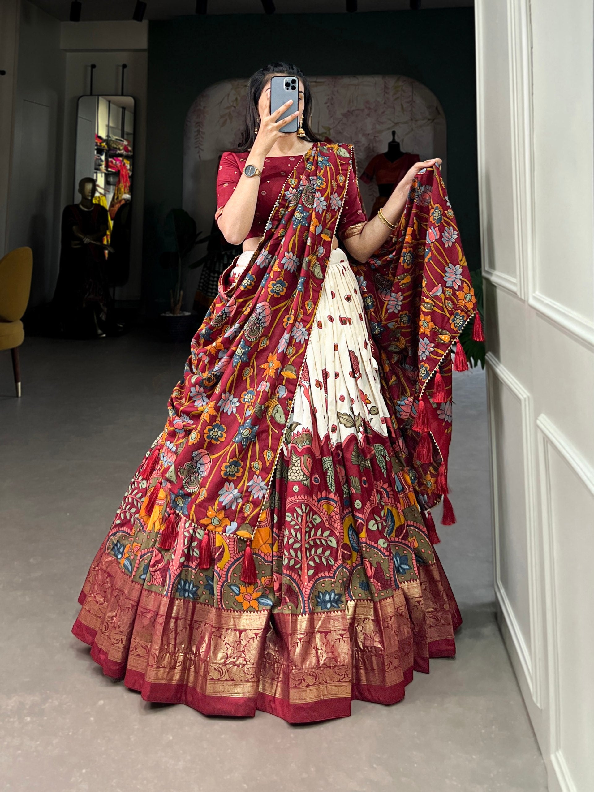 Beige Kalamkari Printed Silk Lehenga Choli Set with Tassel Dupatta