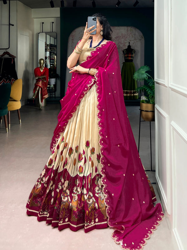 Beige Kalamkari Printed Tasar Silk Lehenga Choli Set with Embroidered Chinon Dupatta
