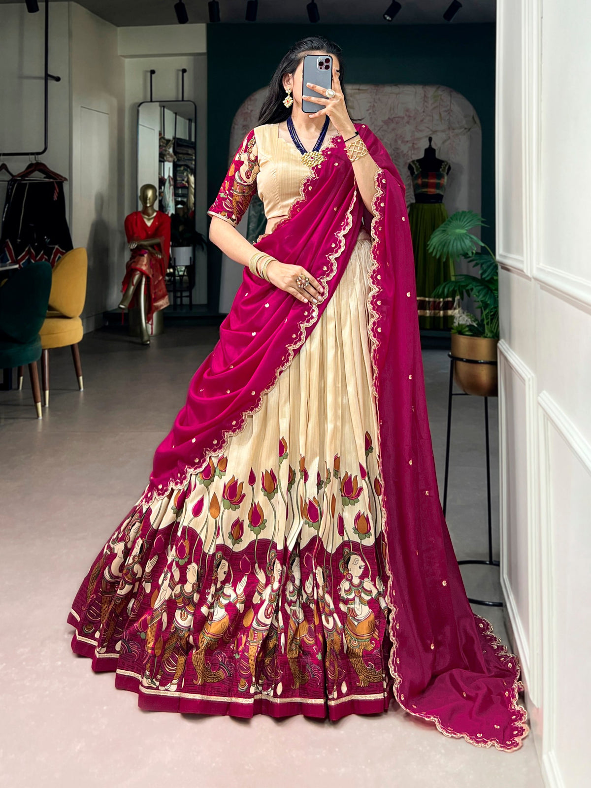 Beige Kalamkari Printed Tasar Silk Lehenga Choli Set with Embroidered Chinon Dupatta