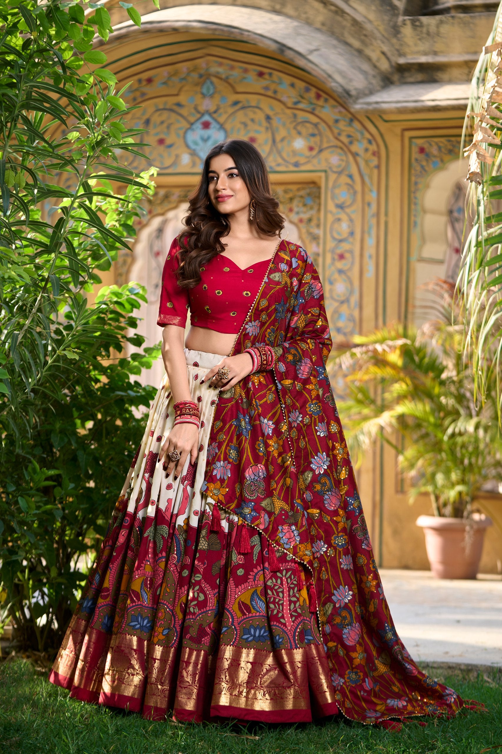 Beige Kalamkari Printed Tasar Silk Lehenga Choli Set with Tassel Dupatta