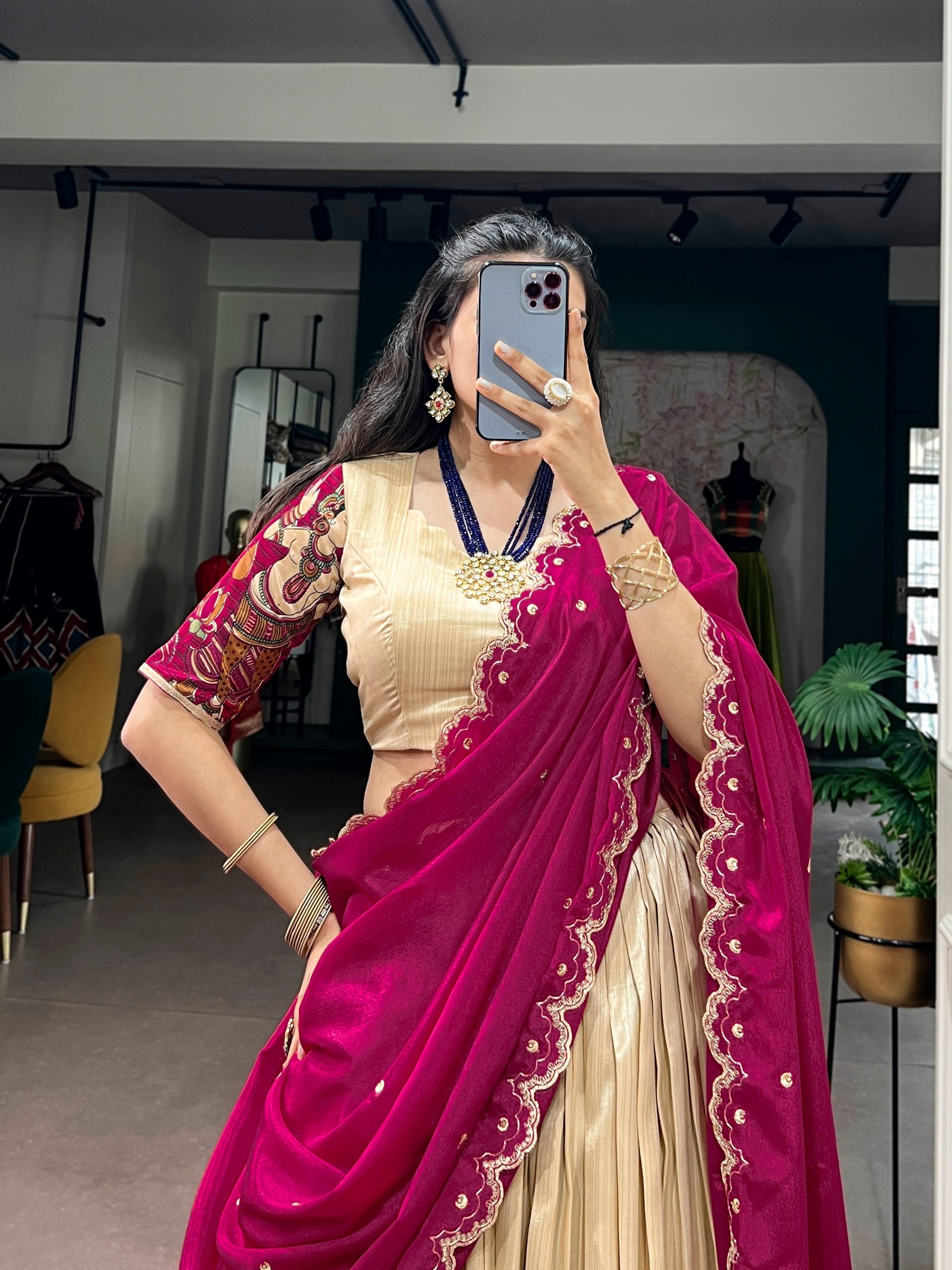 Beige Kalamkari Printed Tasar Silk Lehenga Choli Set with Embroidered Chinon Dupatta