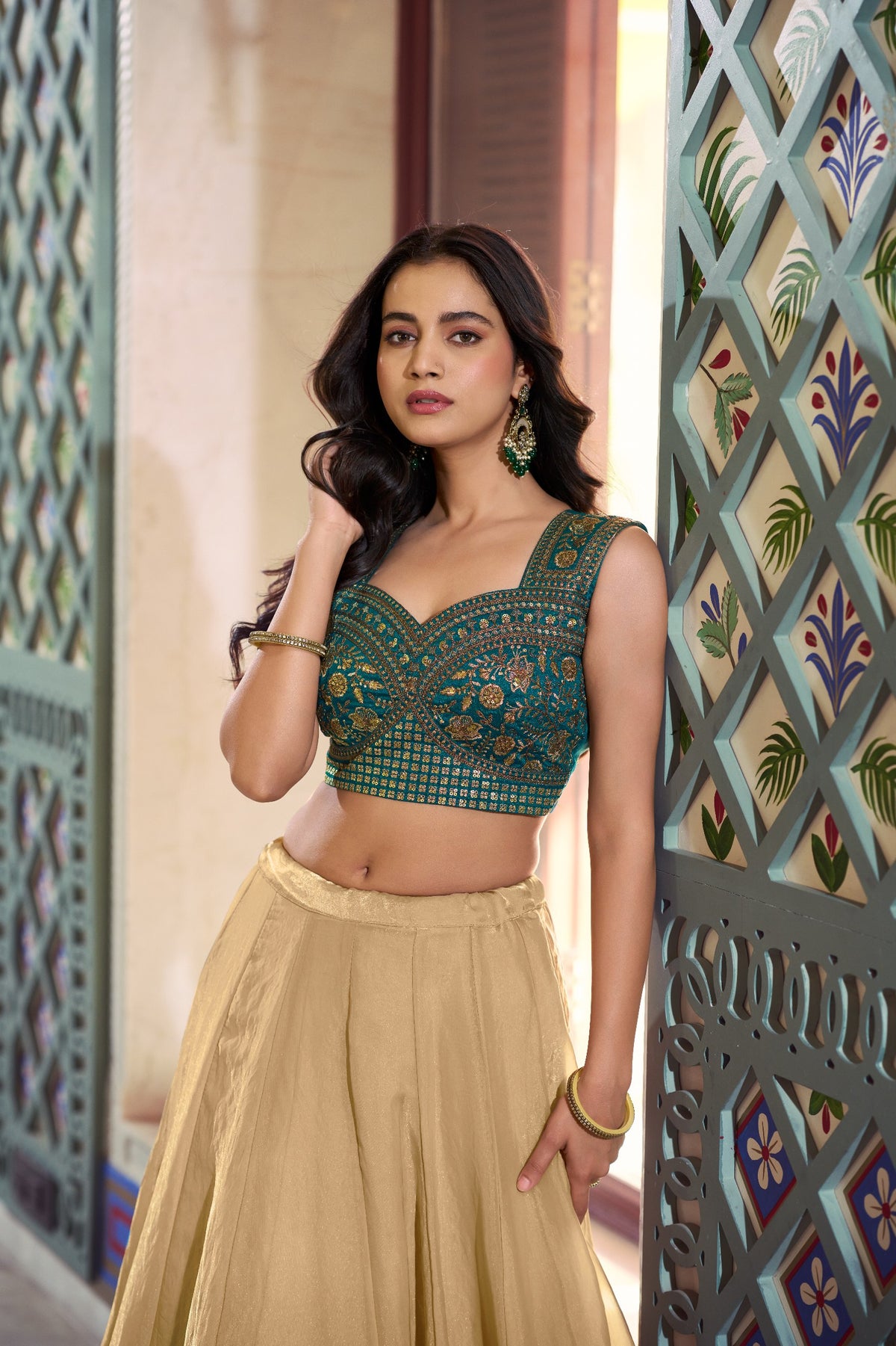 Beige Fendi Lehenga Choli Set with Emerald Embroidered Blouse