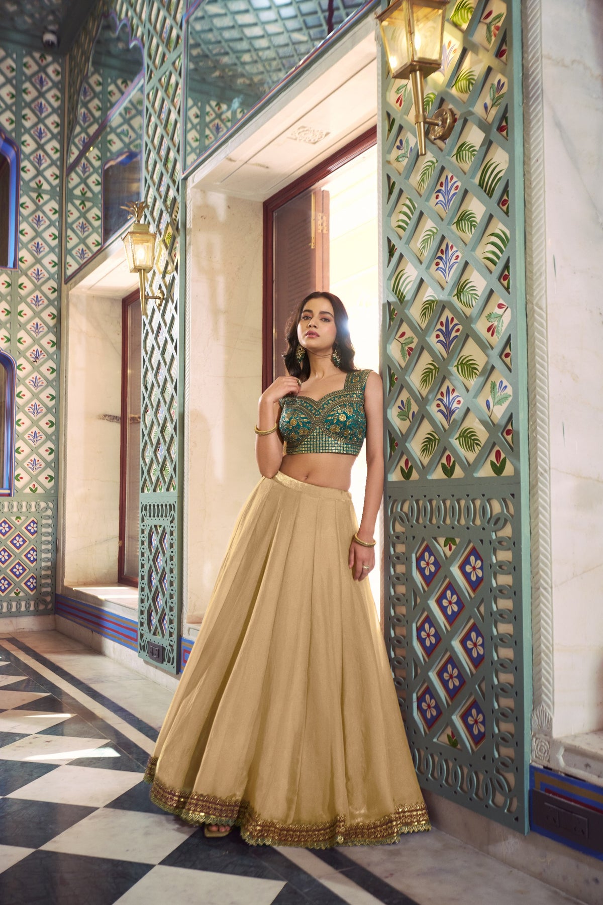 Beige Fendi Lehenga Choli Set with Emerald Embroidered Blouse