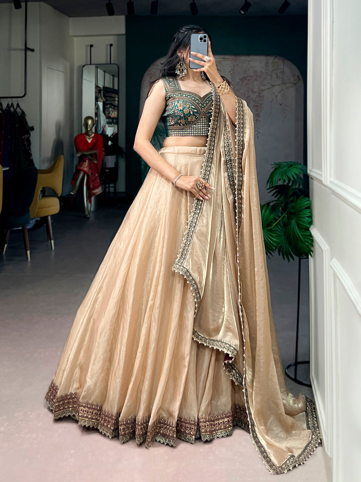 Zariya Muse Beige Fendi Lehenga Choli Set with Emerald Embroidered Blouse