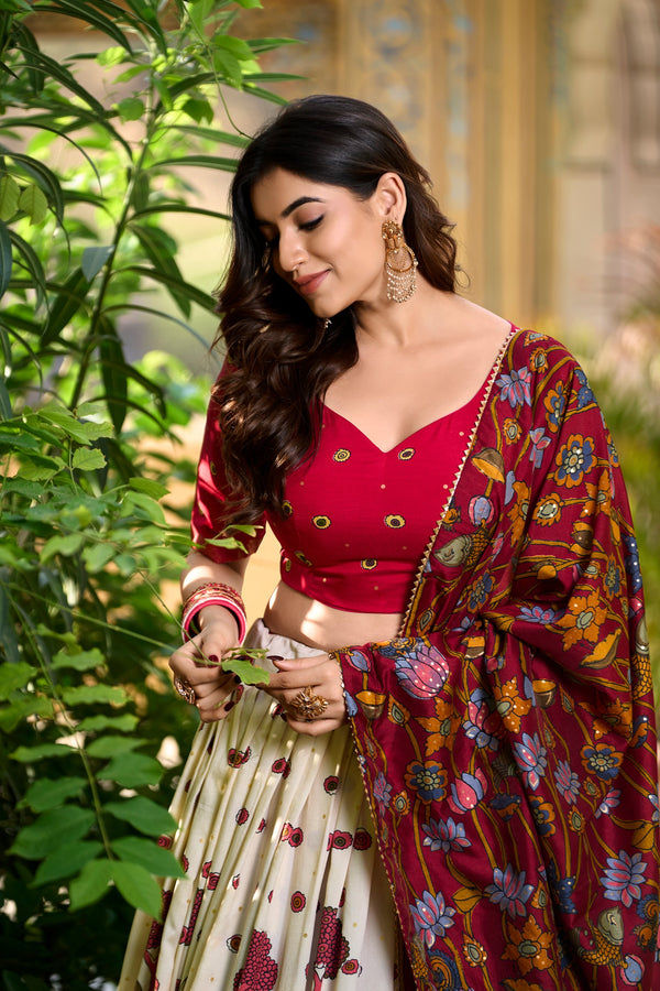 Beige Kalamkari Printed Tasar Silk Lehenga Choli Set with Tassel Dupatta