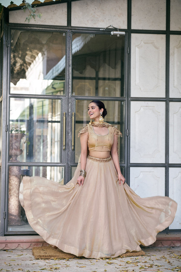 Beige Sequin Embroidered Fendi Lehenga Choli Set