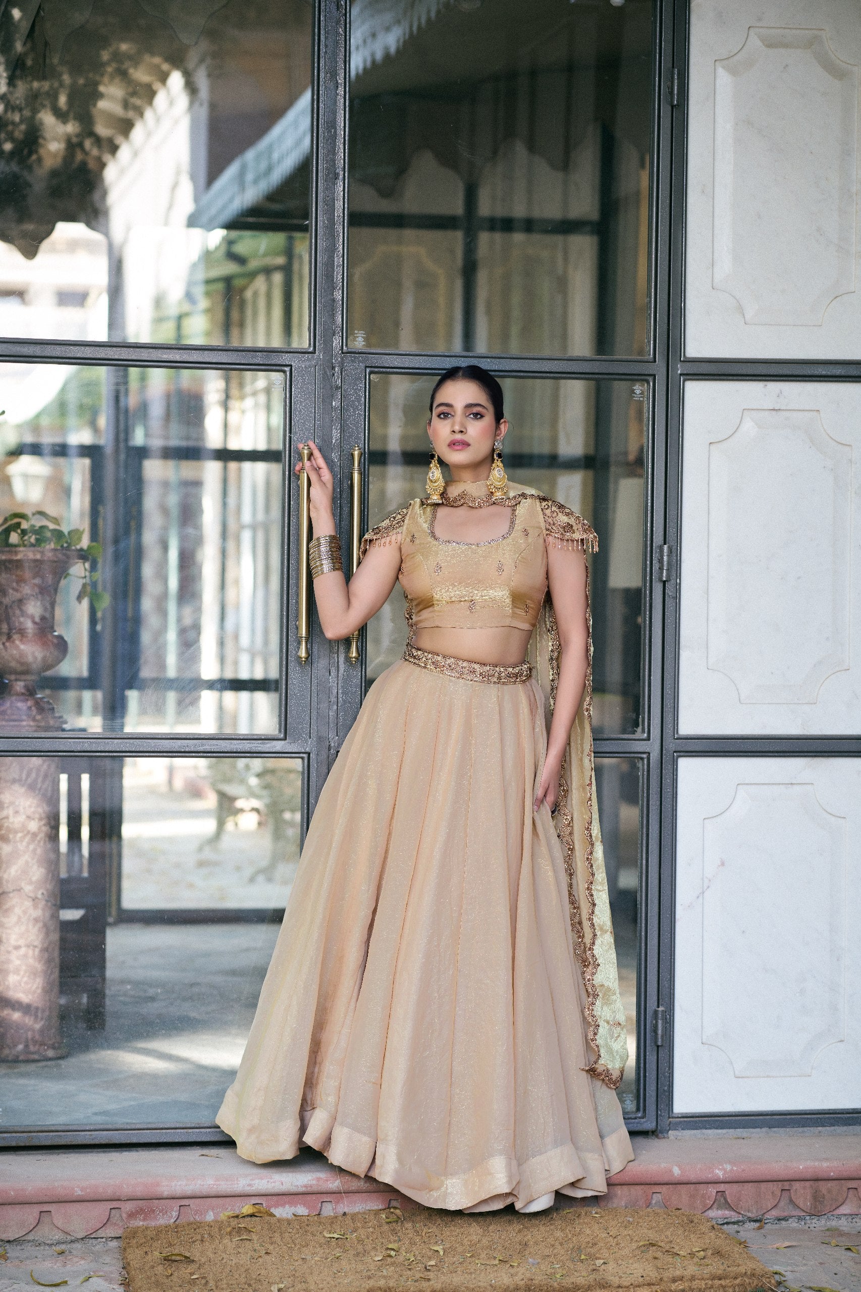 Beige Sequin Embroidered Fendi Lehenga Choli Set
