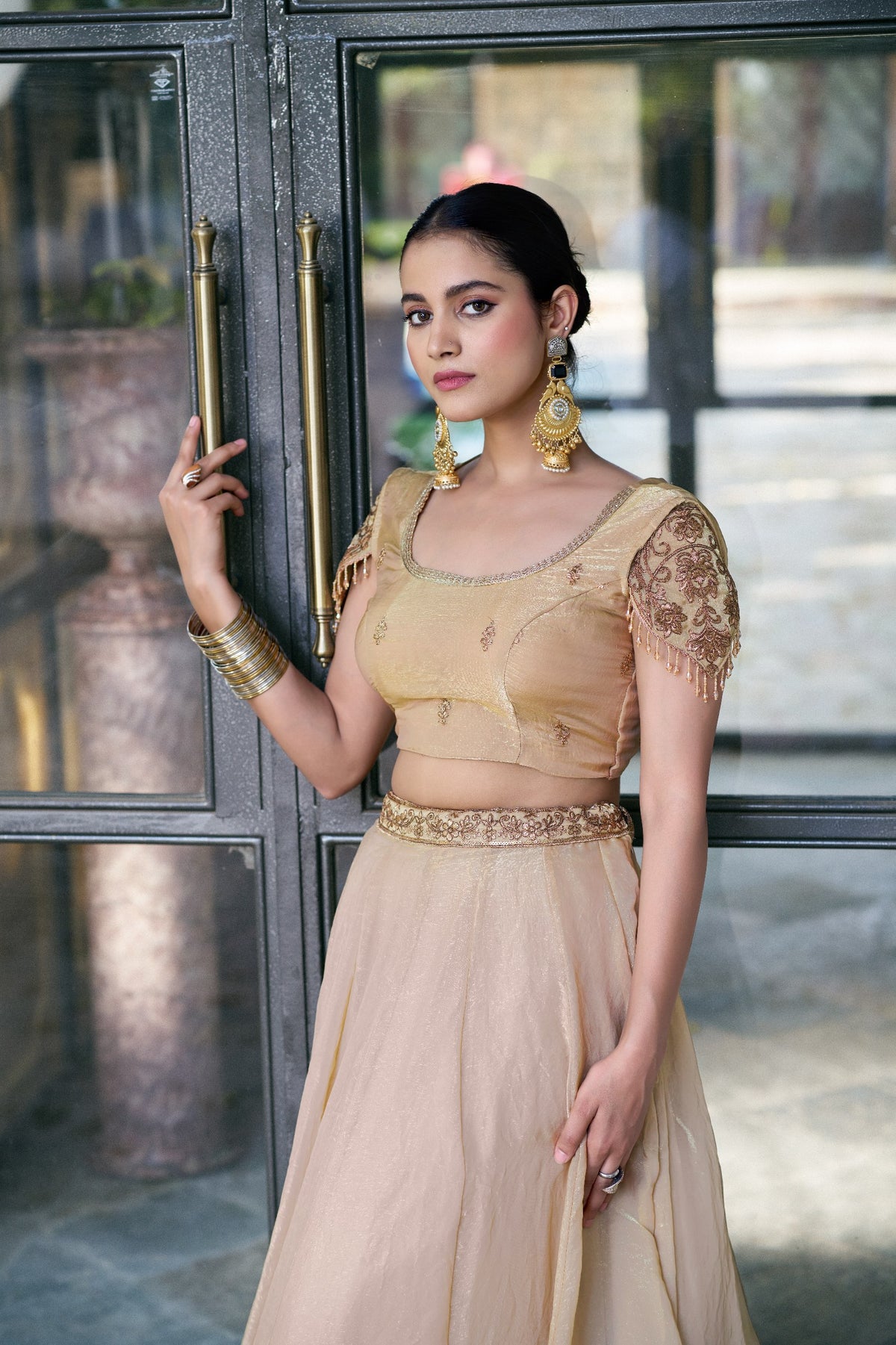 Beige Sequin Embroidered Fendi Lehenga Choli Set