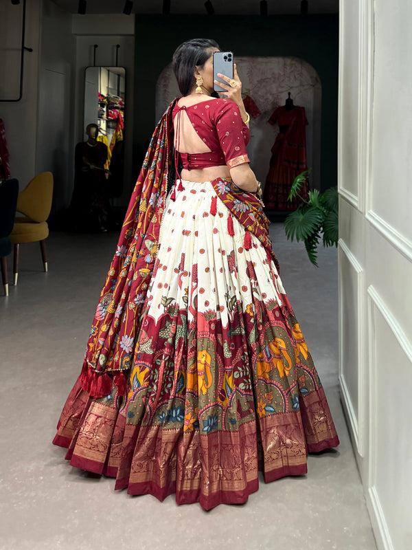 Beige Kalamkari Printed Silk Lehenga Choli Set with Tassel Dupatta