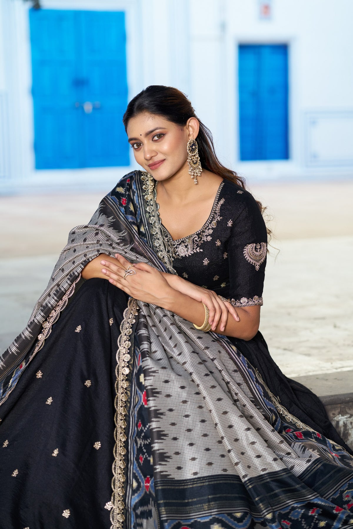 Black Embroidered Vichitra Silk Lehenga Choli Set with Ikkat Dupatta