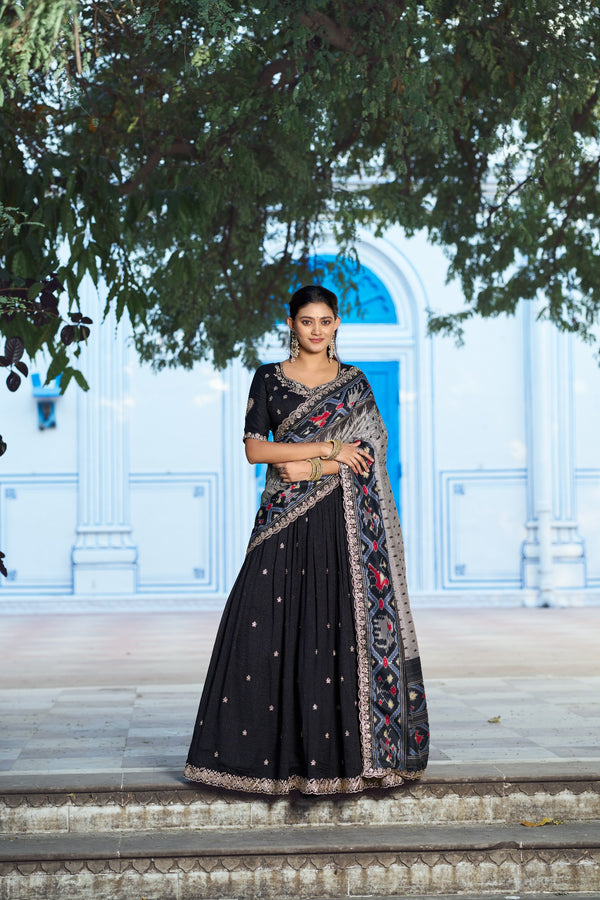 Black Embroidered Vichitra Silk Lehenga Choli Set with Ikkat Dupatta