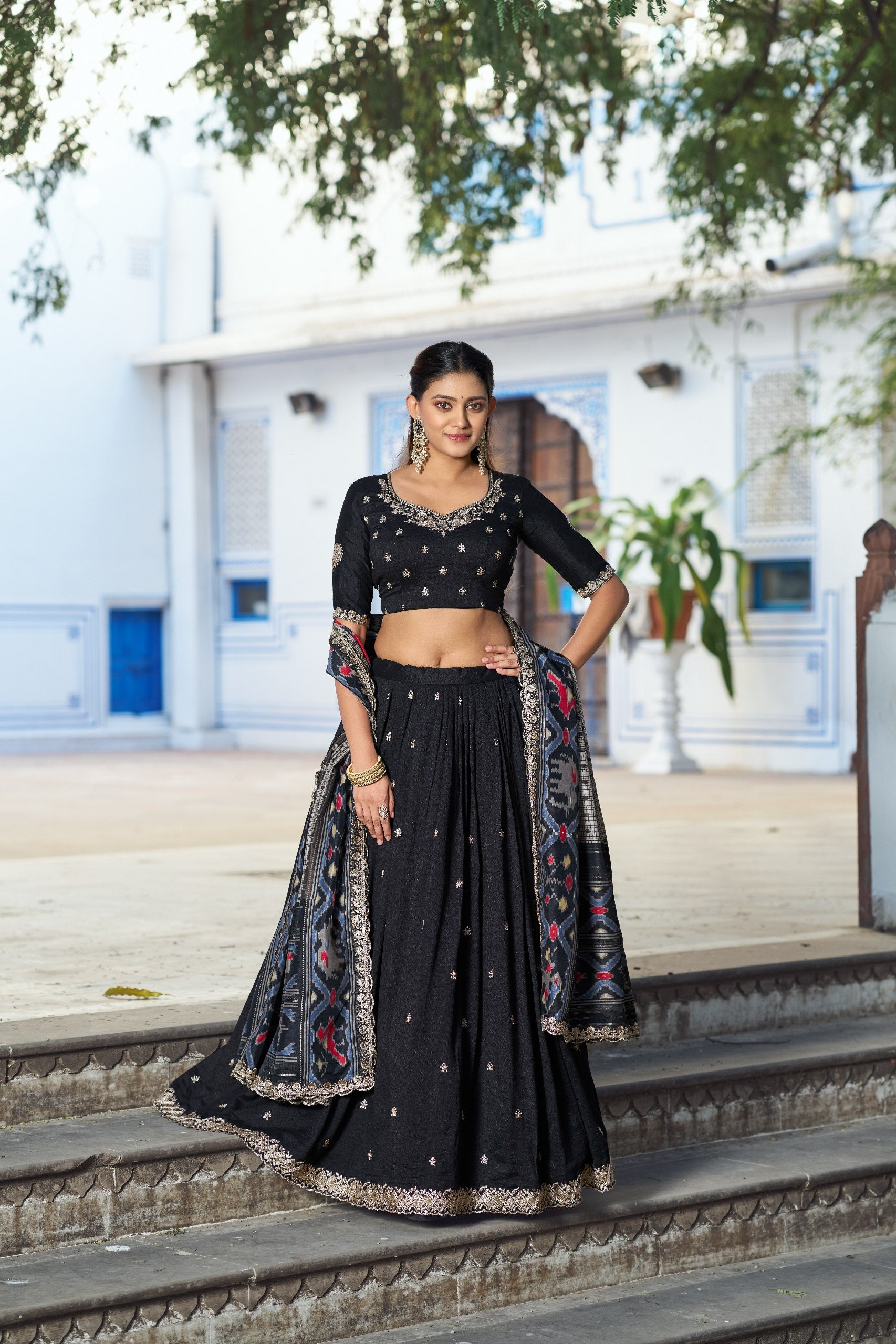 Black Embroidered Vichitra Silk Lehenga Choli Set with Ikkat Dupatta