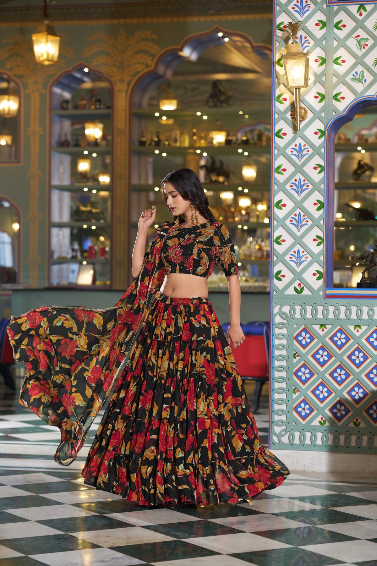 Black Floral Printed Marble Lehenga Choli Set with Handwork Blouse