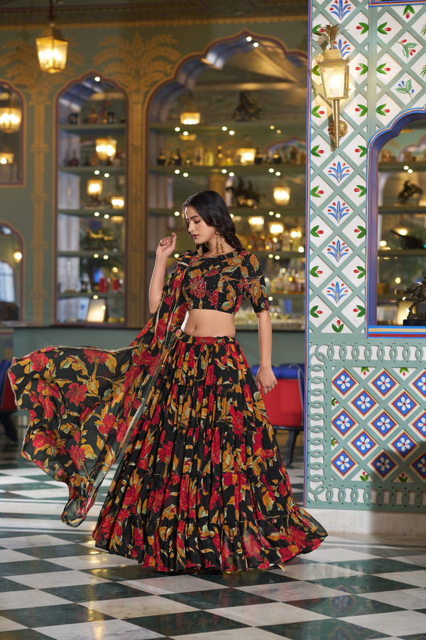 Black Floral Printed Marble Lehenga Choli Set with Handwork Blouse