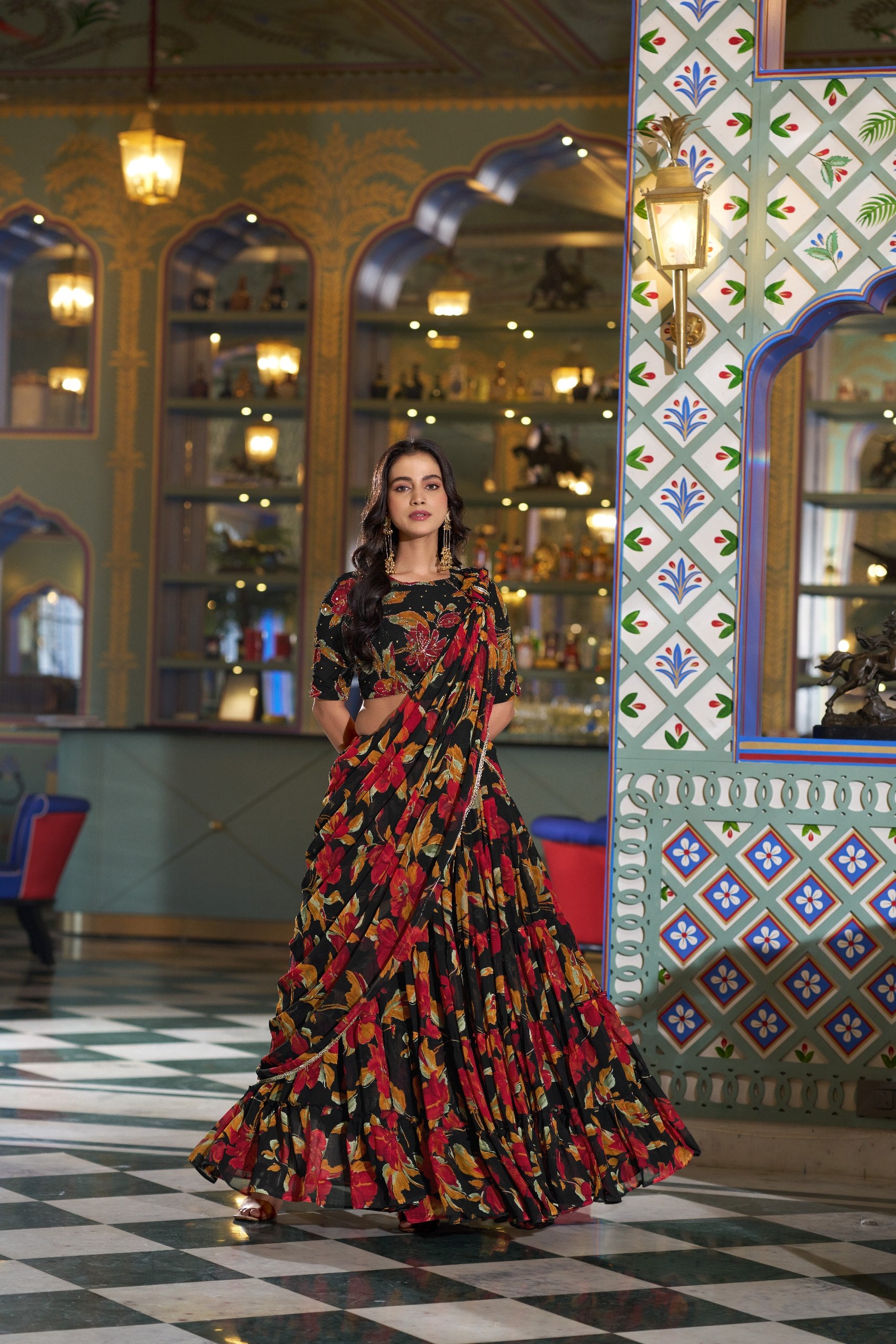 Black Floral Printed Marble Lehenga Choli Set with Handwork Blouse