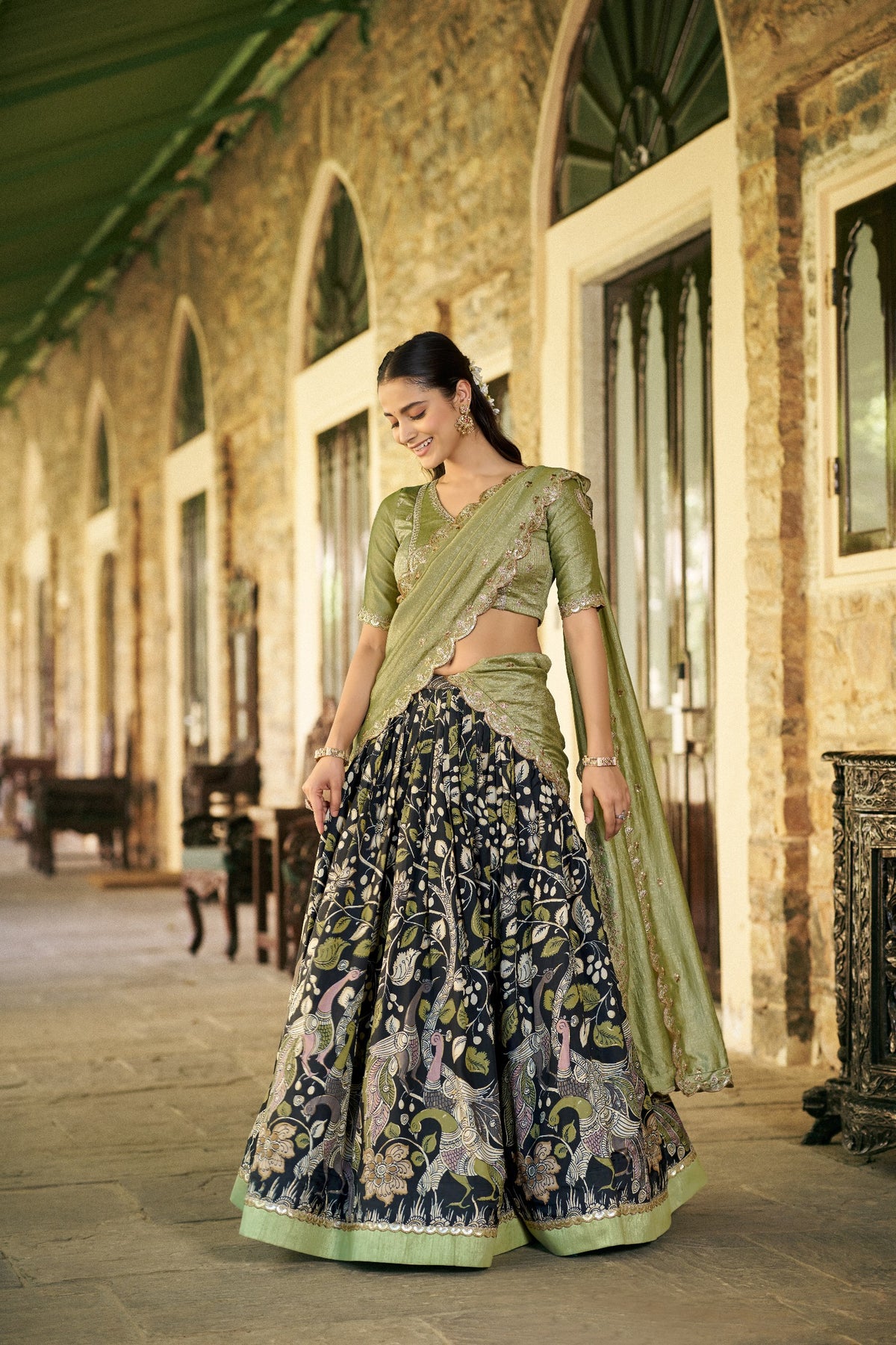 Black Kalamkari Printed Tasar Silk Lehenga Choli Set with Embroidered Dupatta
