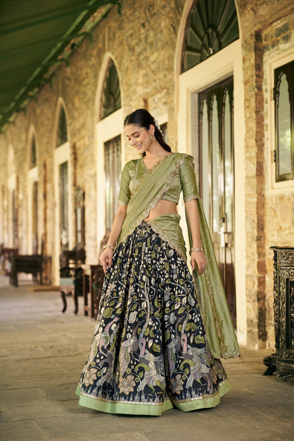 Black Kalamkari Printed Tasar Silk Lehenga Choli Set with Embroidered Dupatta