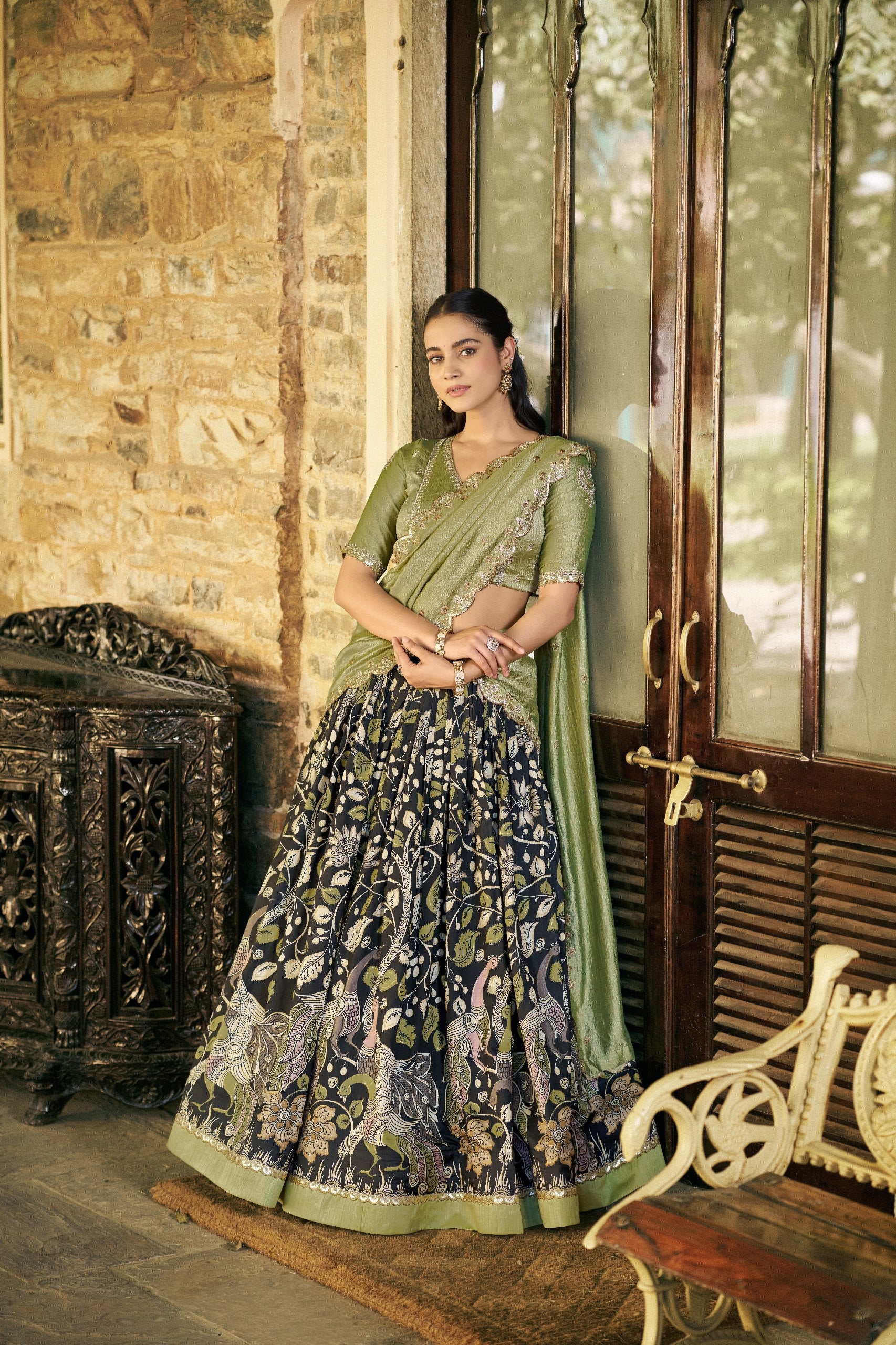 Black Kalamkari Printed Tasar Silk Lehenga Choli Set with Embroidered Dupatta