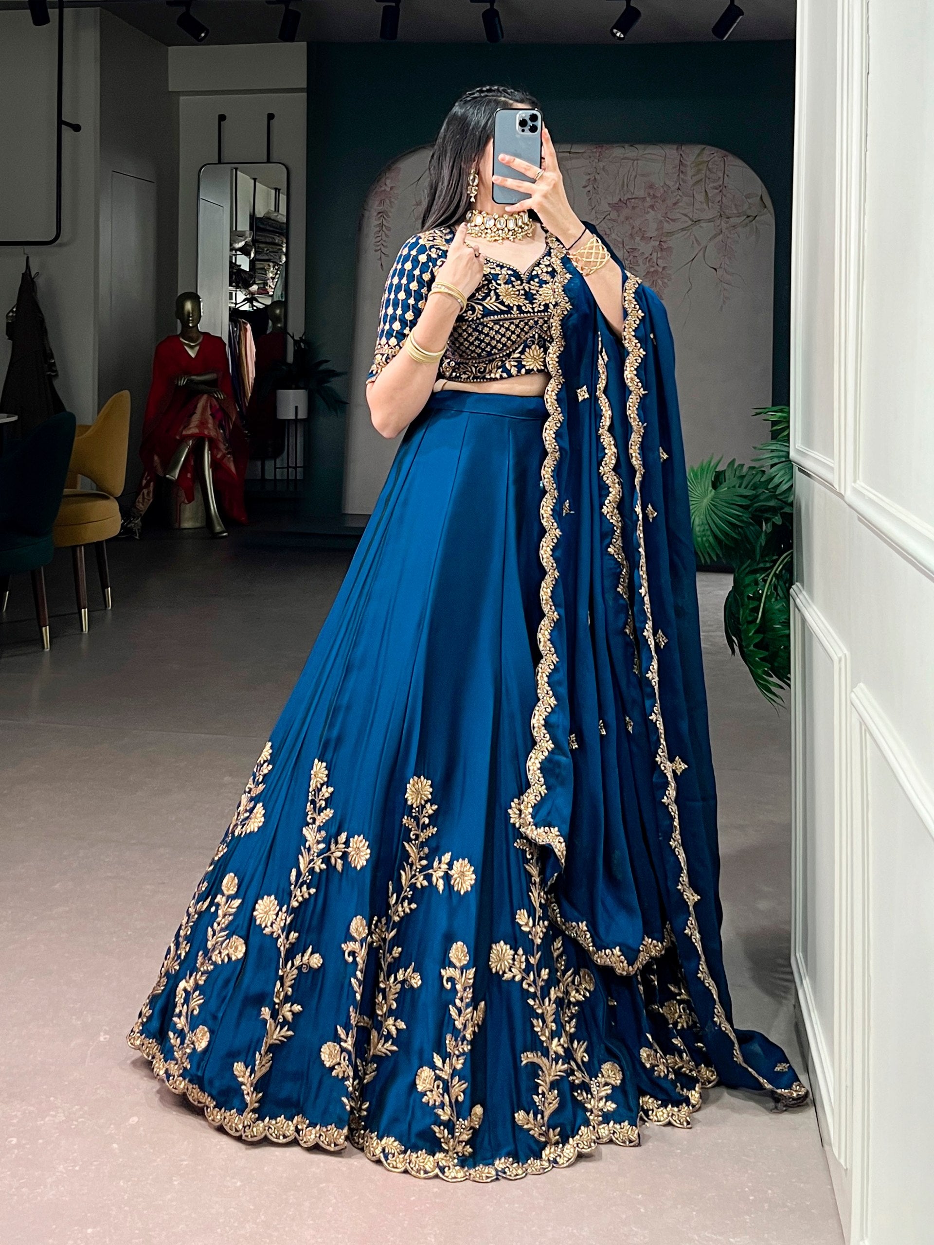Blue Floral Embroidered Rangoli Silk Lehenga Choli Set