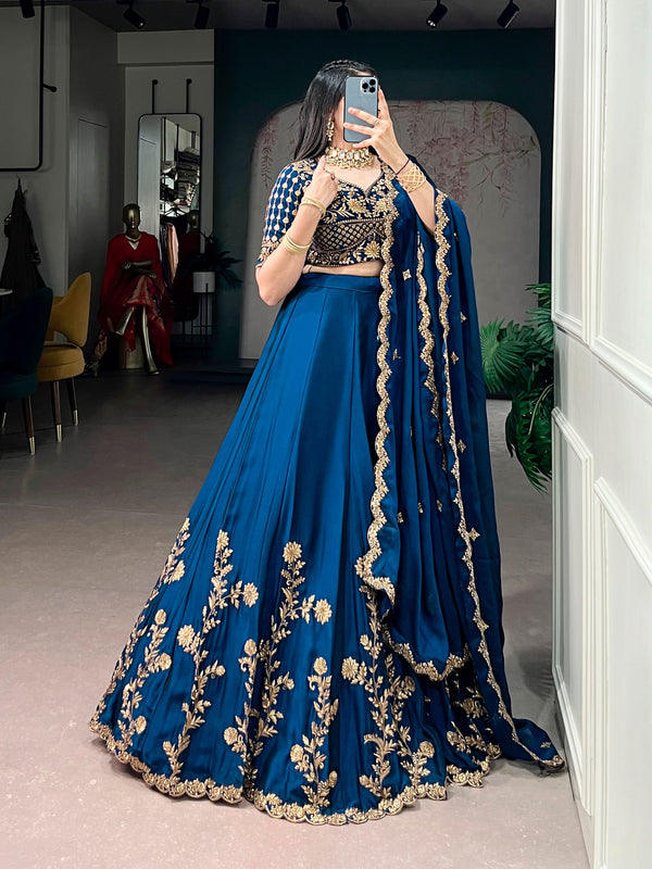 Blue Floral Embroidered Rangoli Silk Lehenga Choli Set