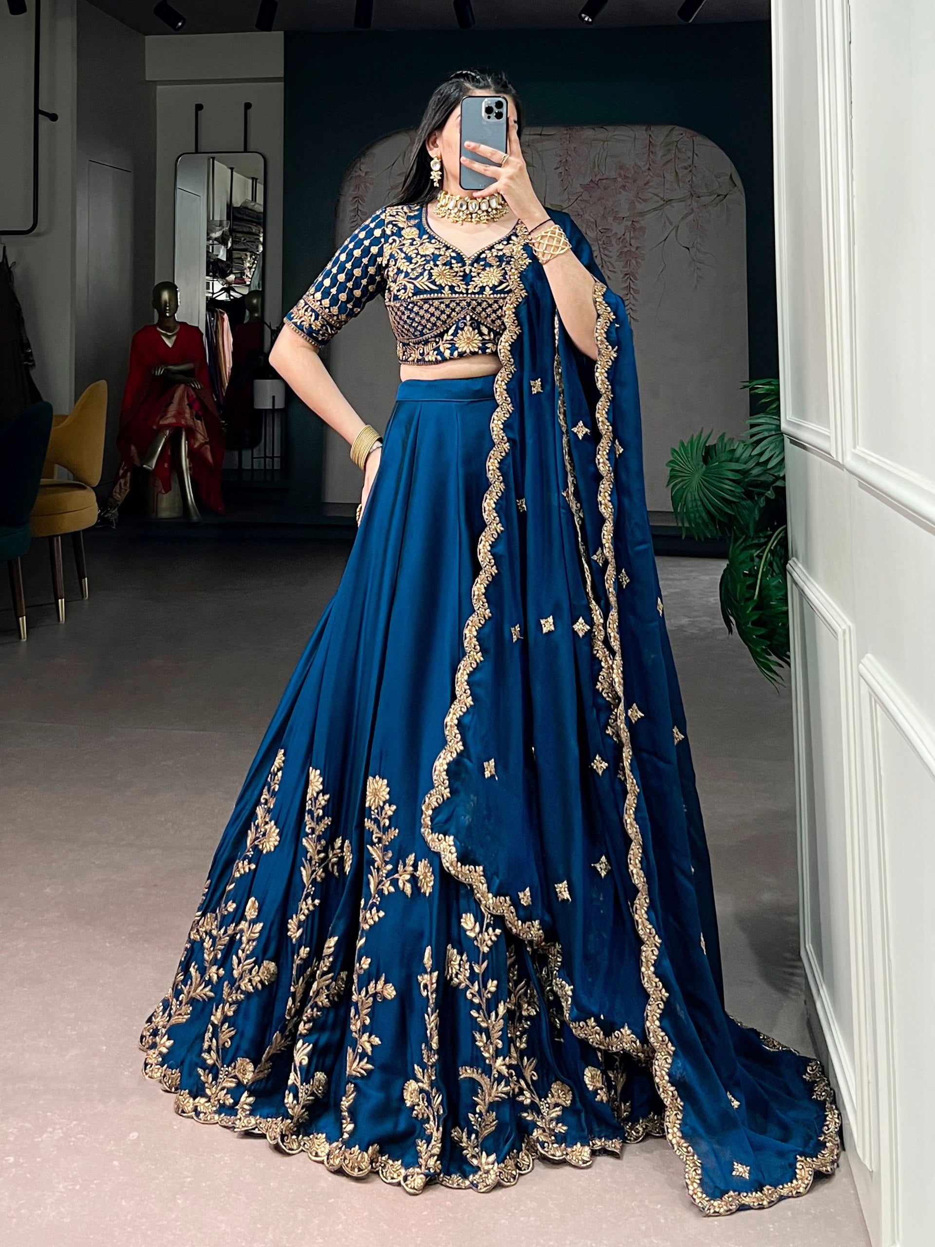 Blue Floral Embroidered Rangoli Silk Lehenga Choli Set