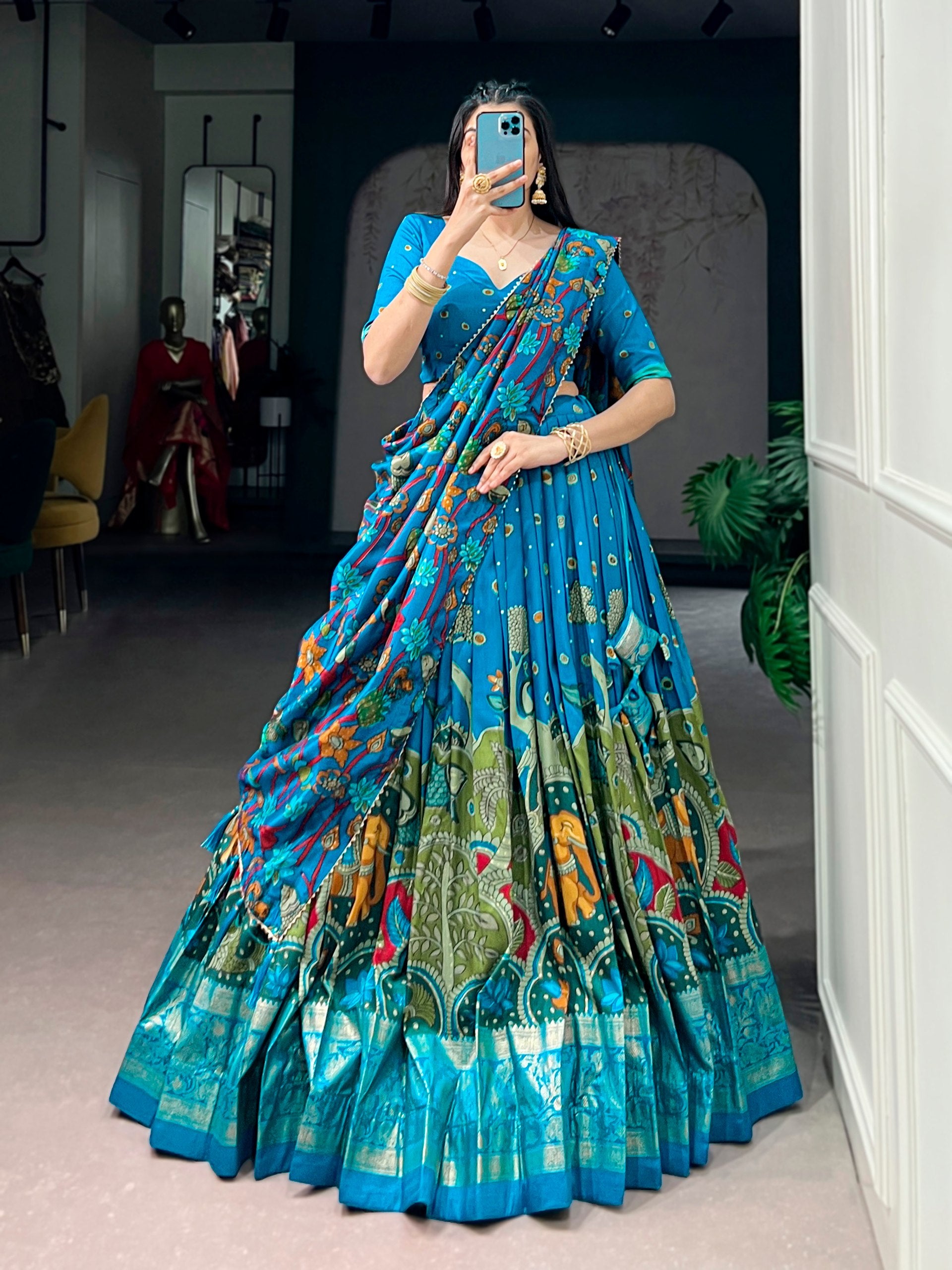 Blue Kalamkari Printed Silk Lehenga Choli Set with Tassel Dupatta