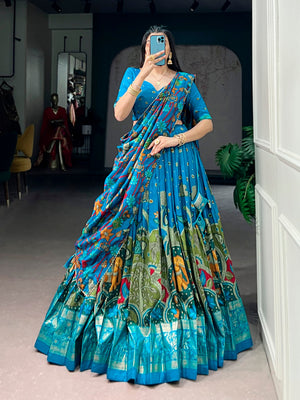 Blue Kalamkari Printed Silk Lehenga Choli Set with Tassel Dupatta