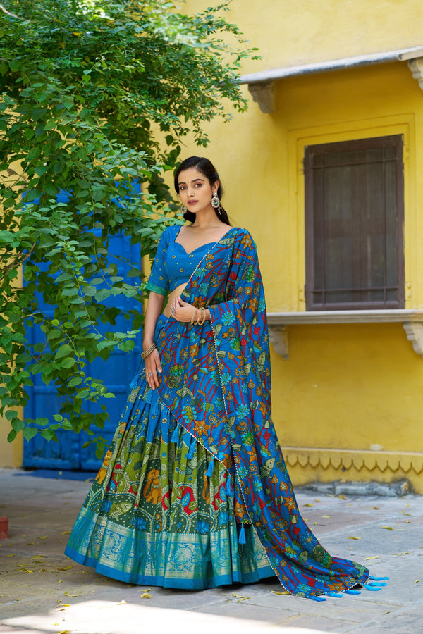 Blue Kalamkari Printed Tasar Silk Lehenga Choli Set with Tassel Dupatta