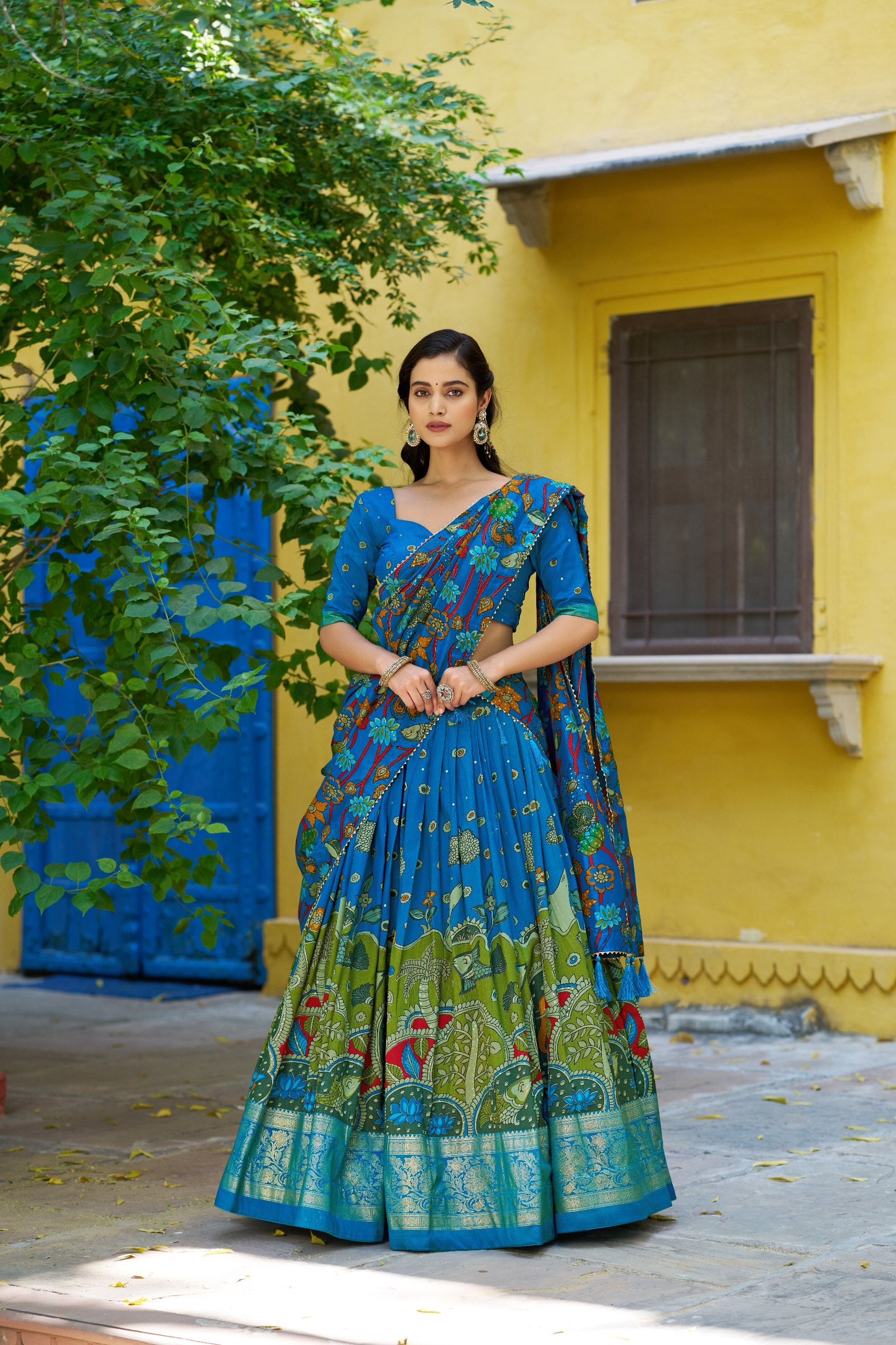 Blue Kalamkari Printed Tasar Silk Lehenga Choli Set with Tassel Dupatta