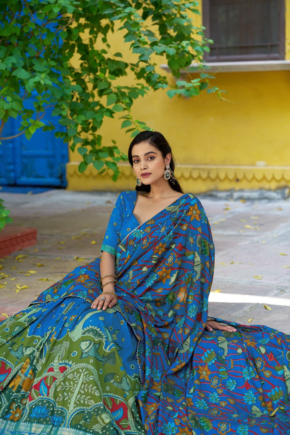 Blue Kalamkari Printed Tasar Silk Lehenga Choli Set with Tassel Dupatta