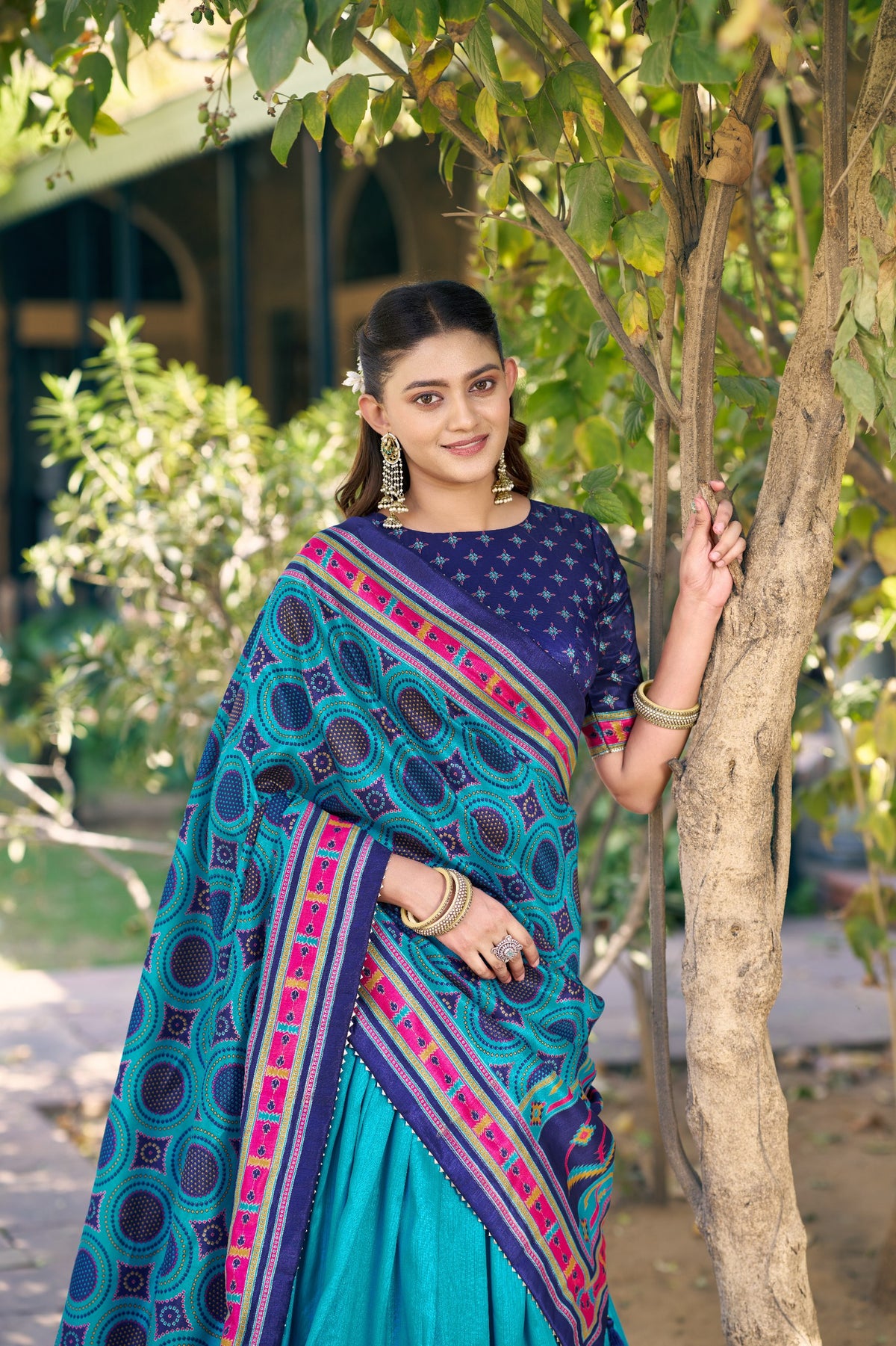 Blue Tasar Silk Lehenga Choli Set with Printed Tassel Dupatta
