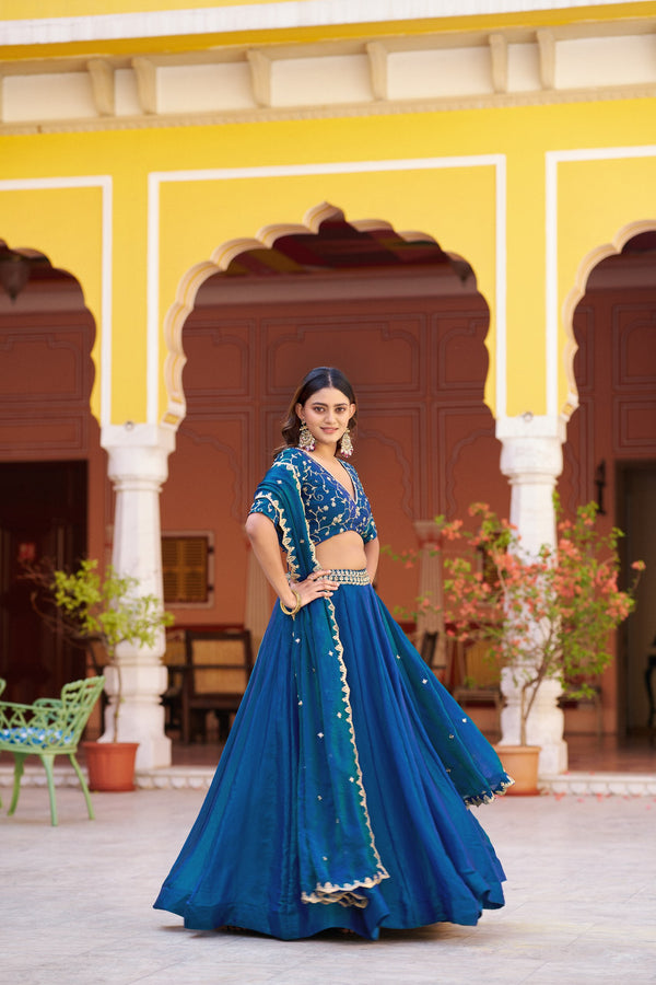 Blue Sequin Embroidered Fendi Silk Lehenga Choli Set