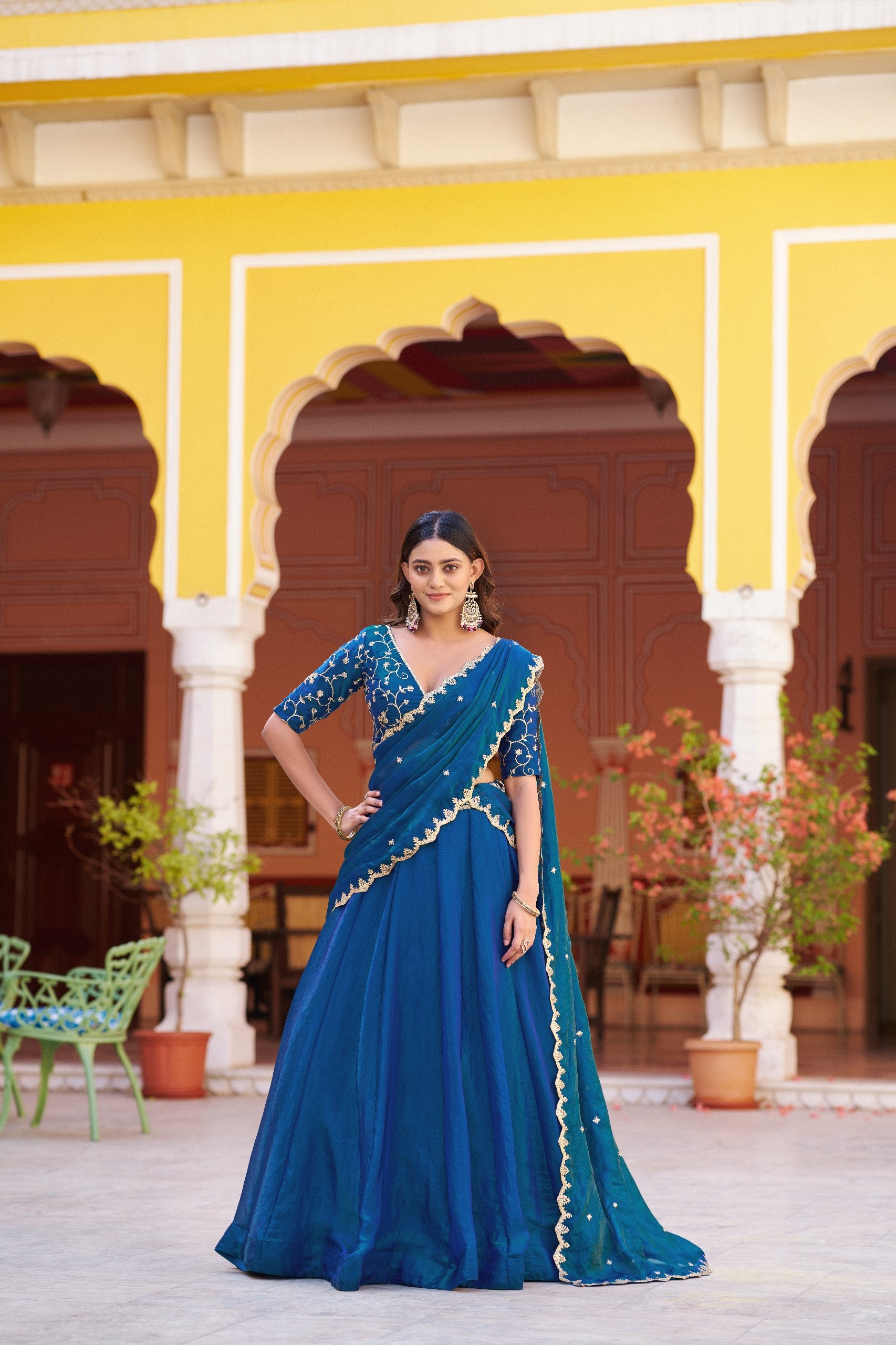 Blue Sequin Embroidered Fendi Silk Lehenga Choli Set