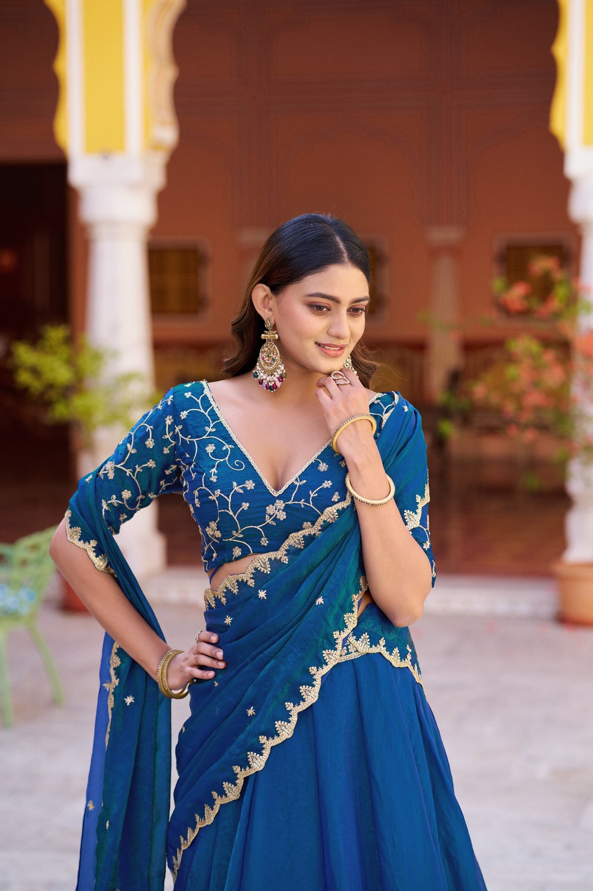 Blue Sequin Embroidered Fendi Silk Lehenga Choli Set