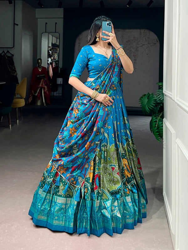 Blue Kalamkari Printed Silk Lehenga Choli Set with Tassel Dupatta