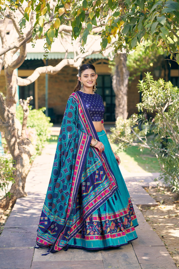 Blue Tasar Silk Lehenga Choli Set with Printed Tassel Dupatta