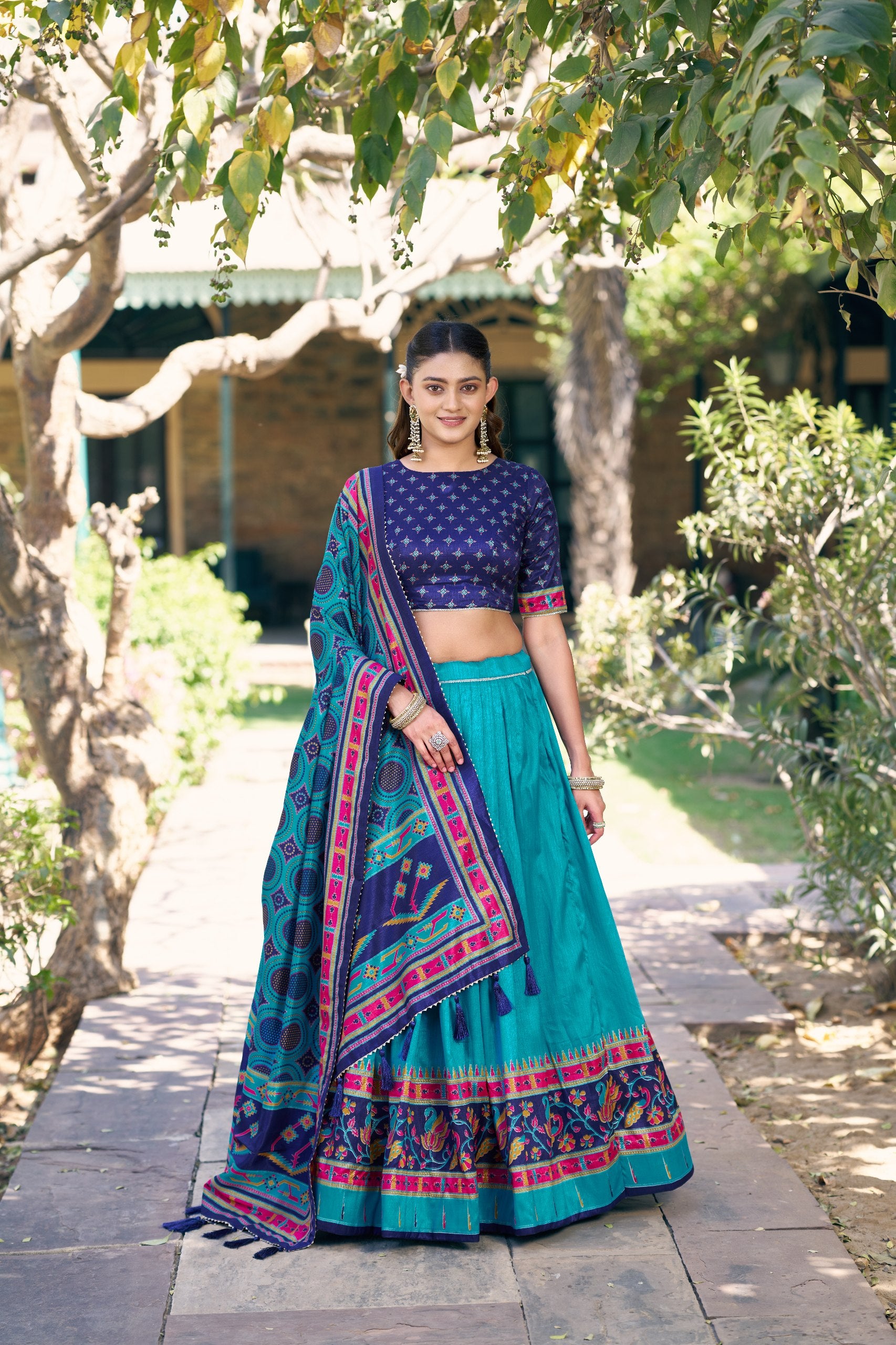 Blue Tasar Silk Lehenga Choli Set with Printed Tassel Dupatta