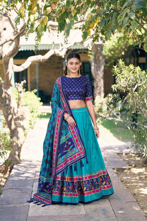 Blue Tasar Silk Lehenga Choli Set with Printed Tassel Dupatta