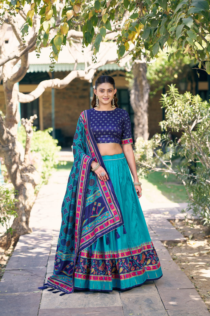 Blue Tasar Silk Lehenga Choli Set with Printed Tassel Dupatta