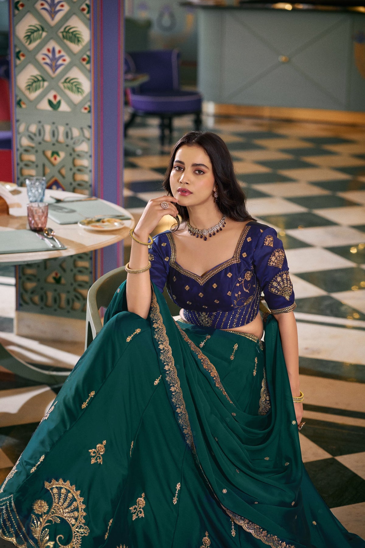 Bottle Green Embroidered Rangoli Silk Lehenga Choli Set with Matching Dupatta